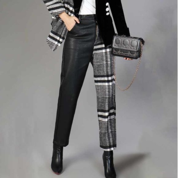 TWOTWINSTYLE Highwaist Asymmetrical Wool & PU pant - Picture 3 of 13